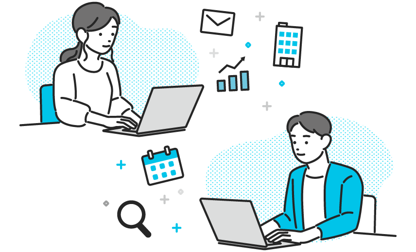 パソコン　カレンダー　グラフ　ビル　メールのアイコンとパソコンの前に座る男女